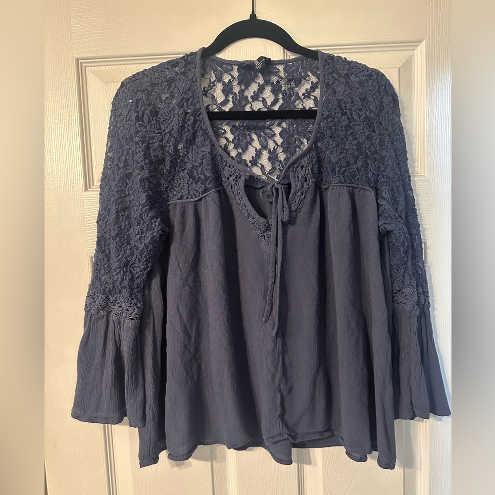 American Eagle Outfitters Navy Lace Yoke Tie-Front Peasant Blouse